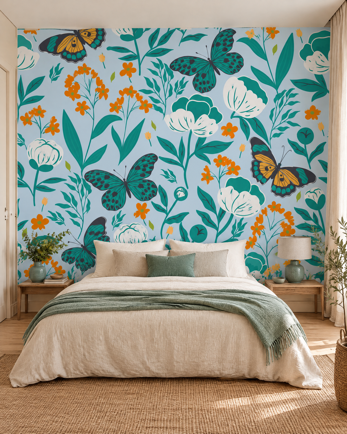 Papillons de printemps, papier peint panoramique dans une chambre : visuel d'ambiance illustratif