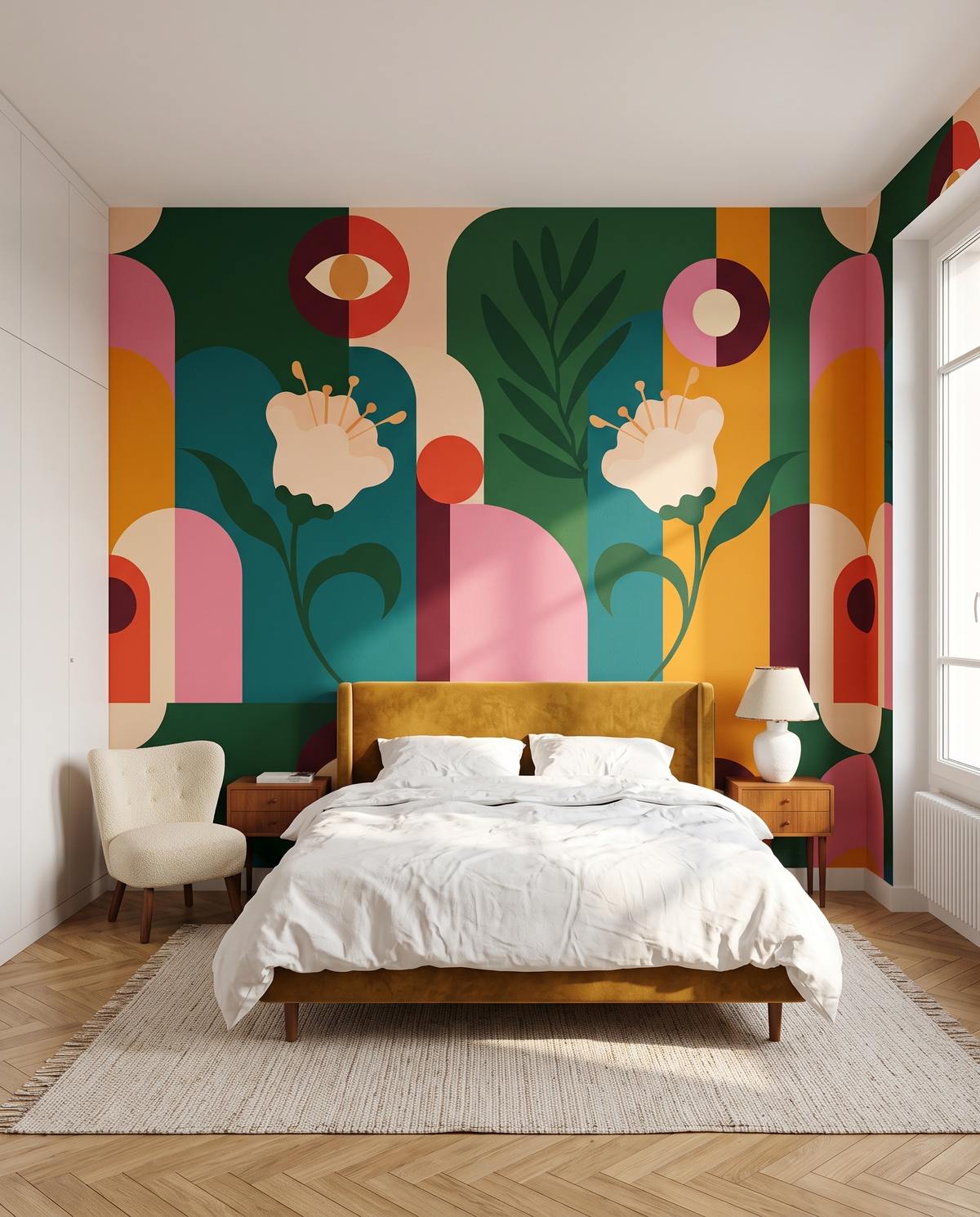 Parterre rétro, papier peint panoramique dans une chambre : visuel d'ambiance illustratif