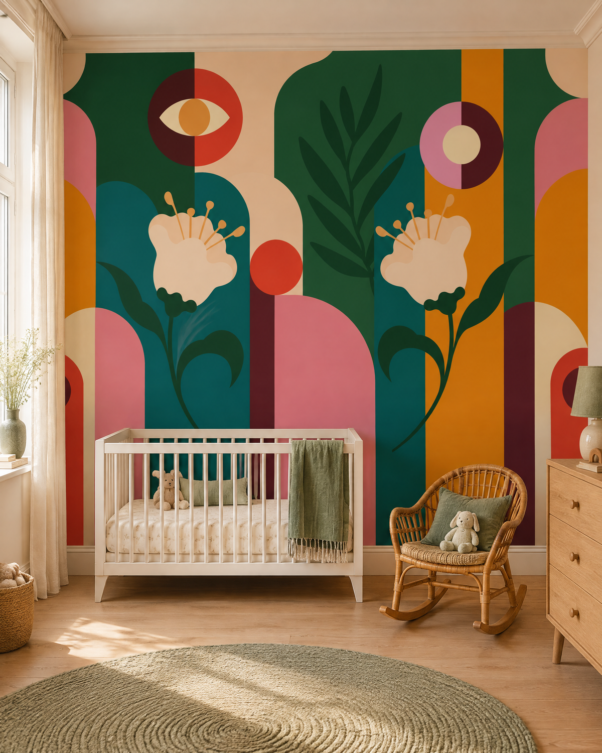 Parterre rétro, papier peint panoramique dans une chambre d'enfant : visuel d'ambiance illustratif