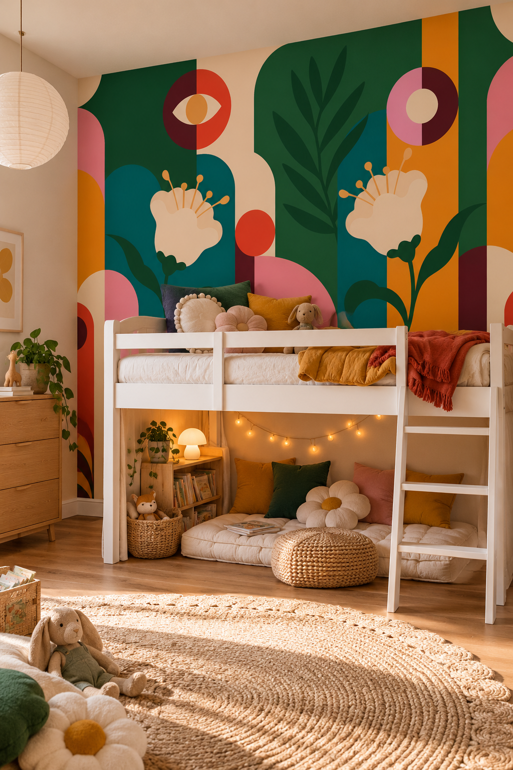 Parterre rétro, papier peint panoramique dans une chambre d'enfant : visuel d'ambiance illustratif