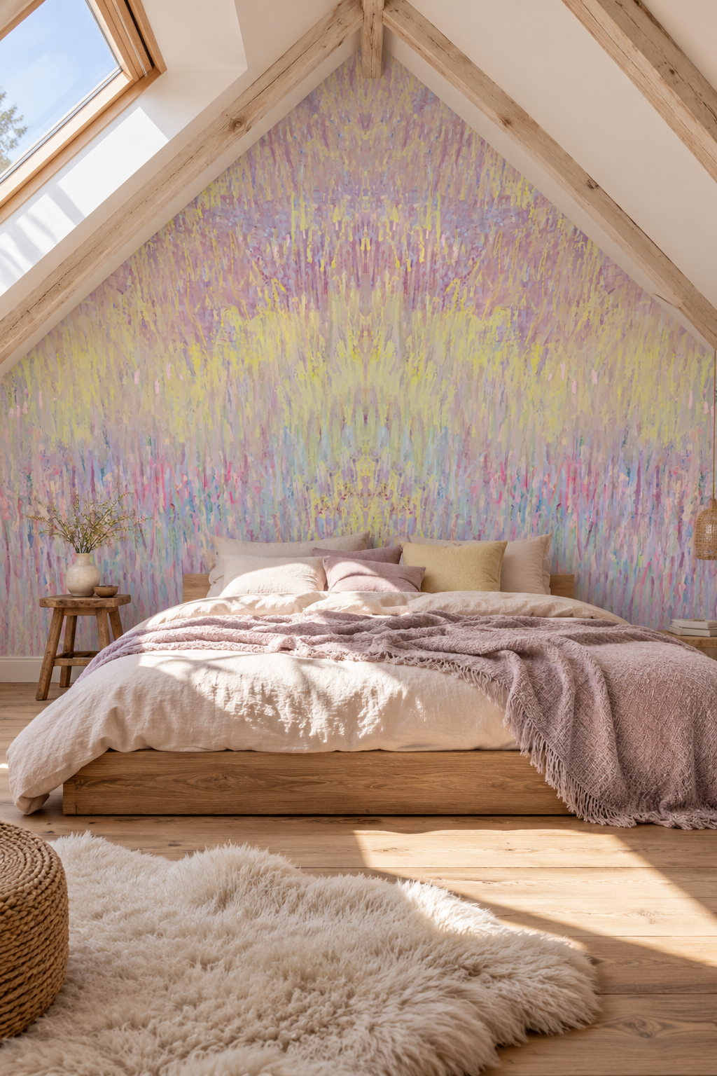 Pastels impressionnistes, papier peint panoramique dans une chambre : visuel d'ambiance illustratif