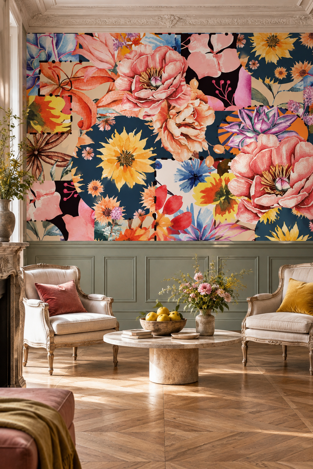 Patchwork d'aquarelles, papier peint panoramique dans un salon : visuel d'ambiance illustratif