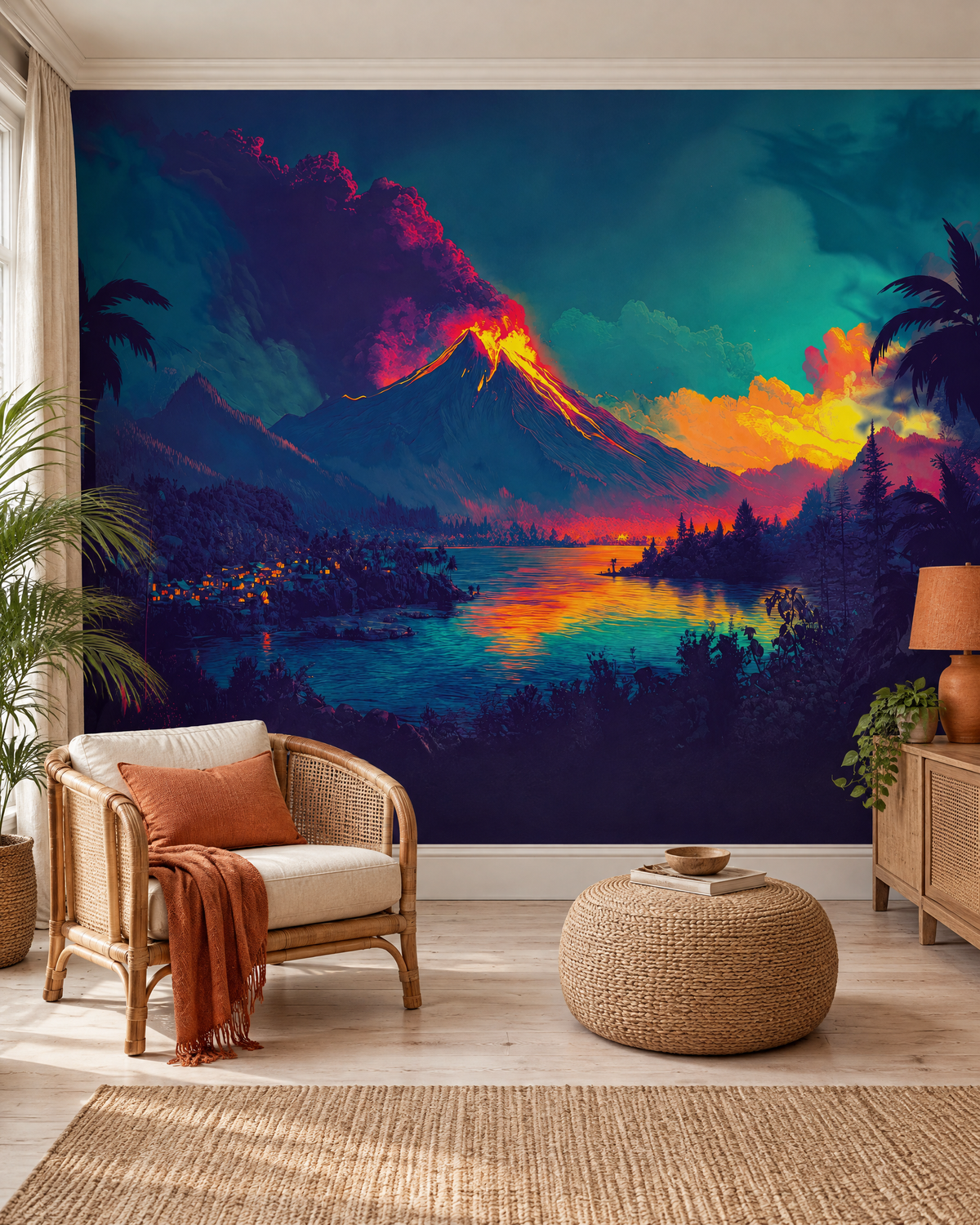 Cratère embrasé, papier peint panoramique dans un salon : visuel d'ambiance illustratif