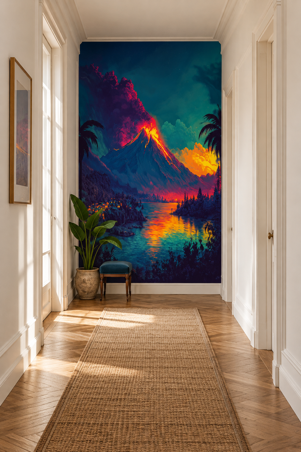 Cratère embrasé, papier peint panoramique dans un couloir : visuel d'ambiance illustratif