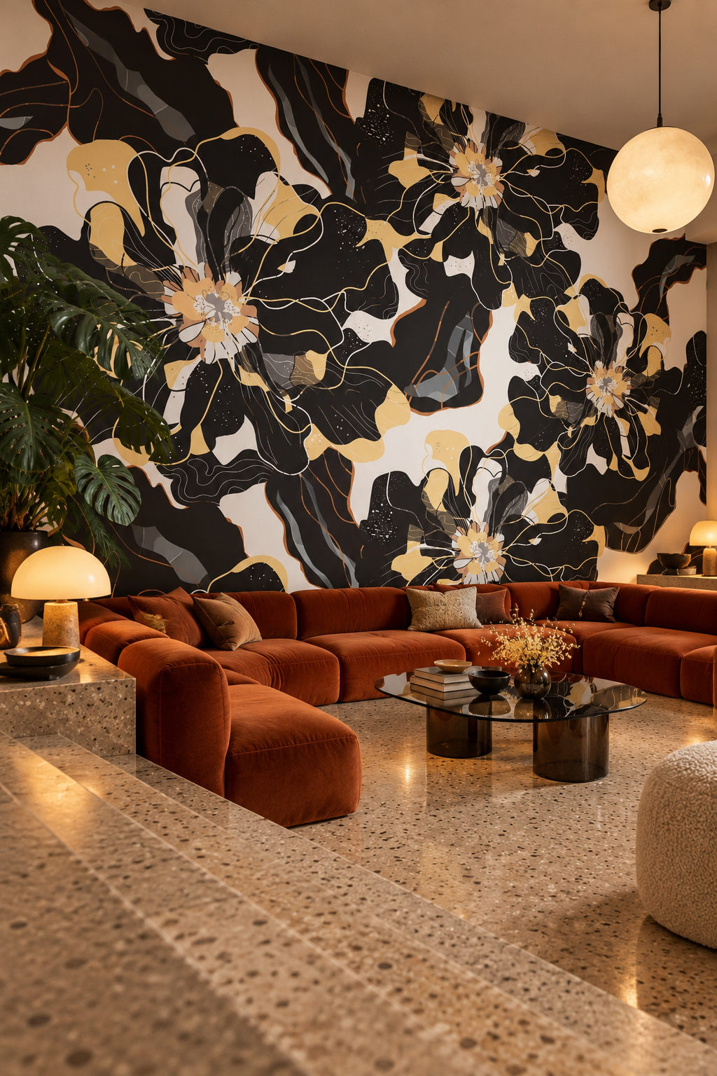 Pétales d'ébène, papier peint panoramique dans un salon : visuel d'ambiance illustratif