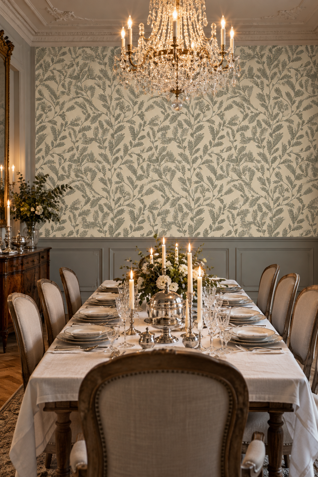 Petites feuilles vertes, papier peint panoramique dans une salle à manger : visuel d'ambiance illustratif
