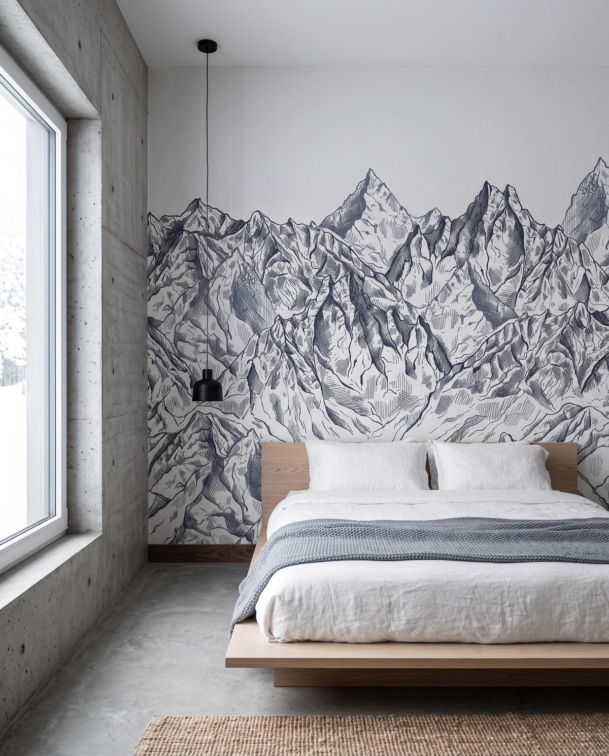 Pics noir et blanc, papier peint panoramique dans une chambre : visuel d'ambiance illustratif