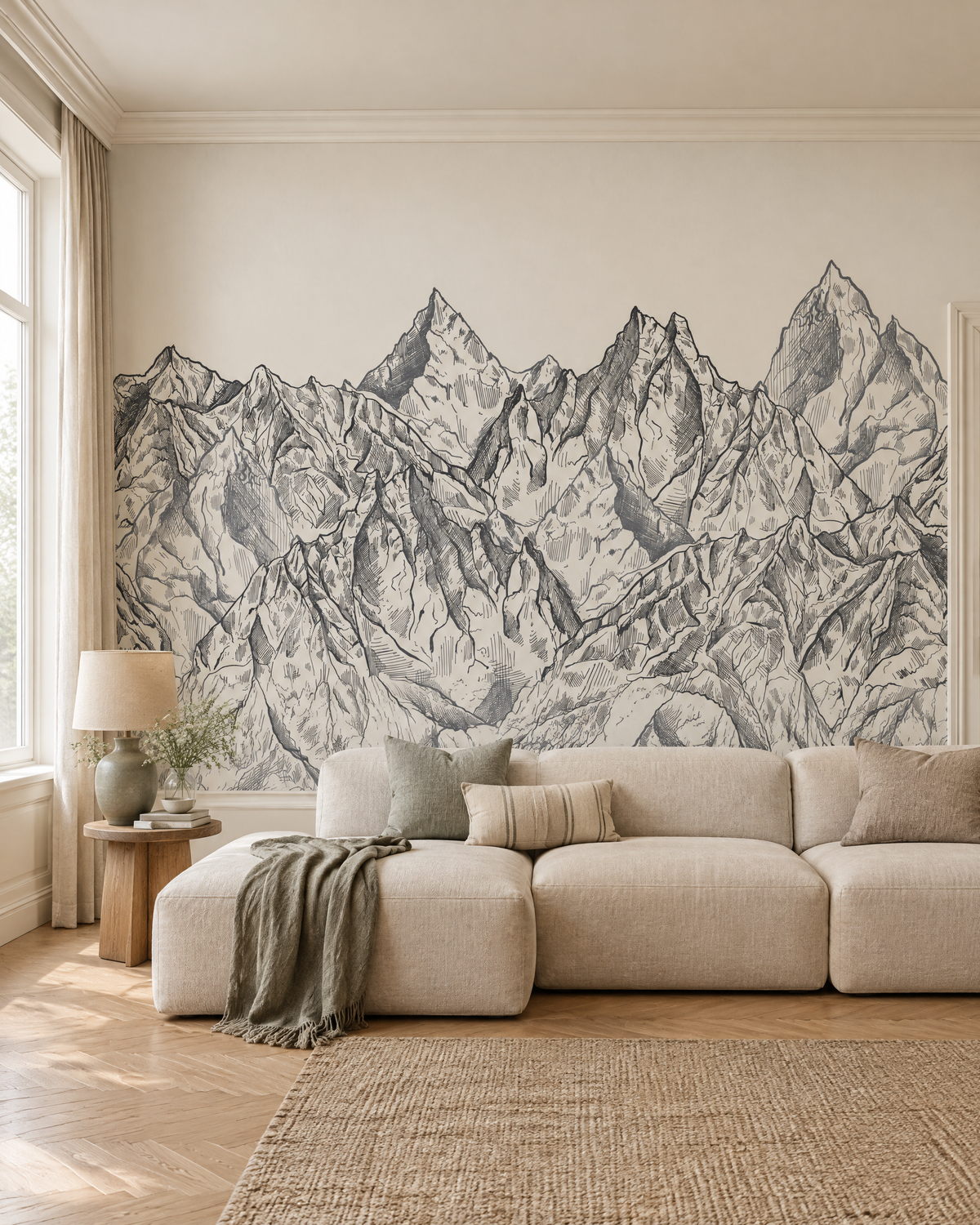 Pics noir et blanc, papier peint panoramique dans un salon : visuel d'ambiance illustratif