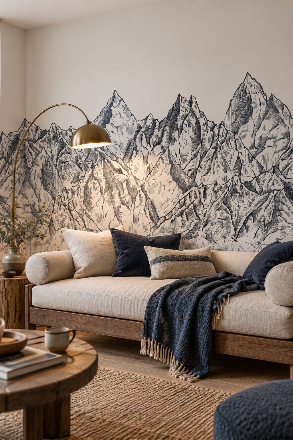 Pics noir et blanc, papier peint panoramique dans un salon : visuel d'ambiance illustratif