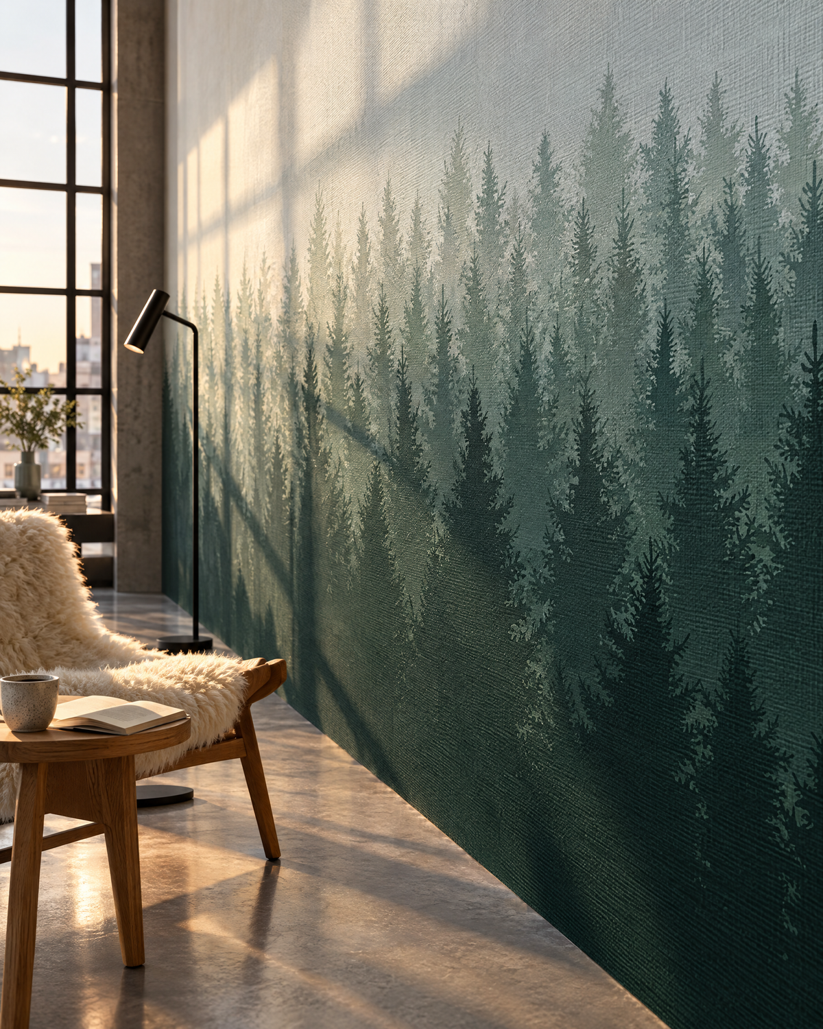 Pins dans la brume, papier peint panoramique adhésif toile dans un loft, détail de la matière : visuel d'ambiance illustratif