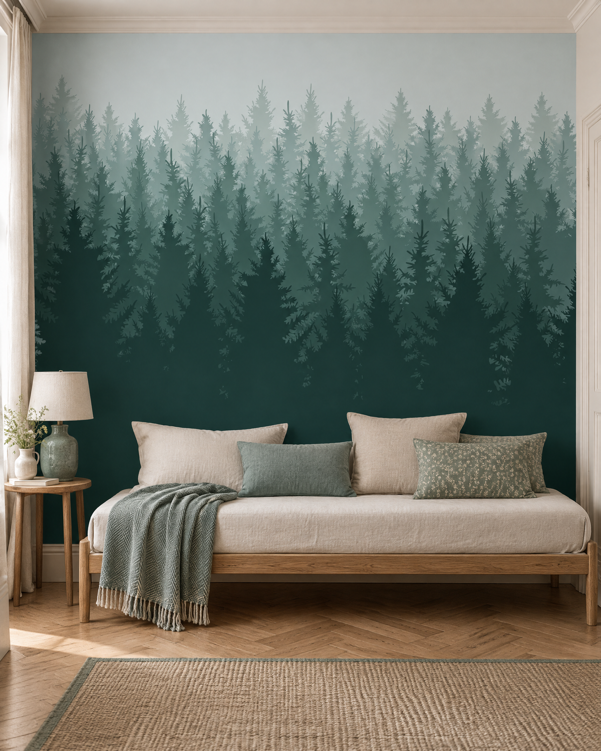 Pins dans la brume, papier peint panoramique dans une chambre : visuel d'ambiance illustratif