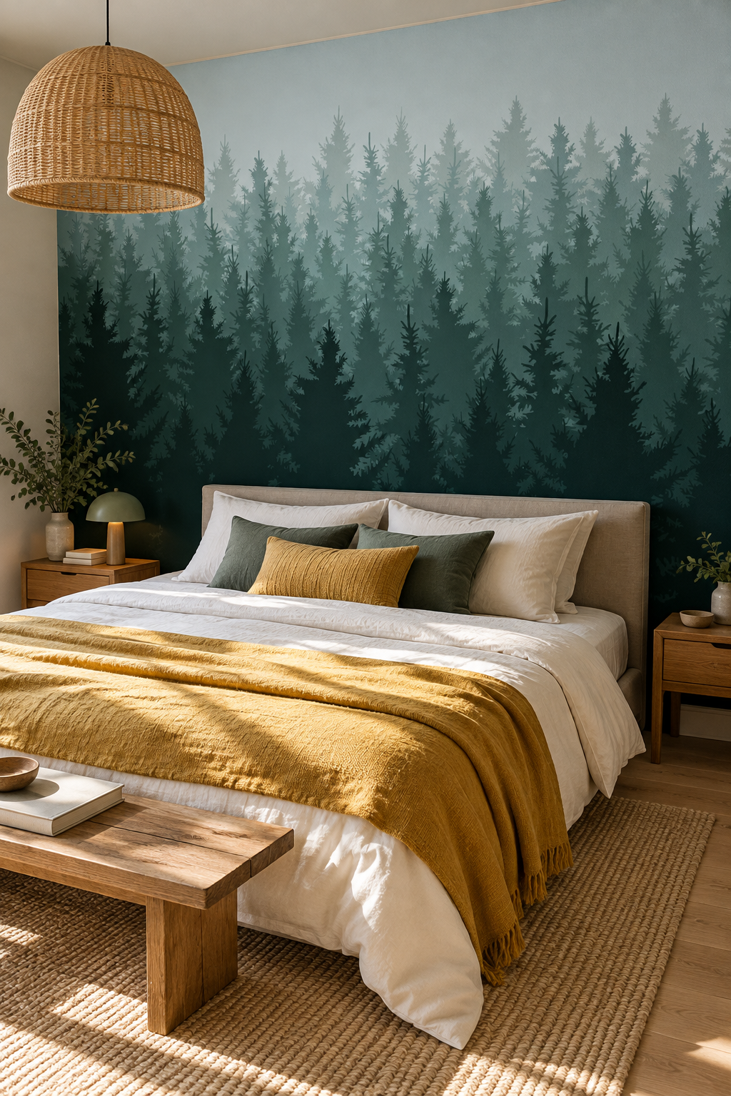 Pins dans la brume, papier peint panoramique dans une chambre : visuel d'ambiance illustratif