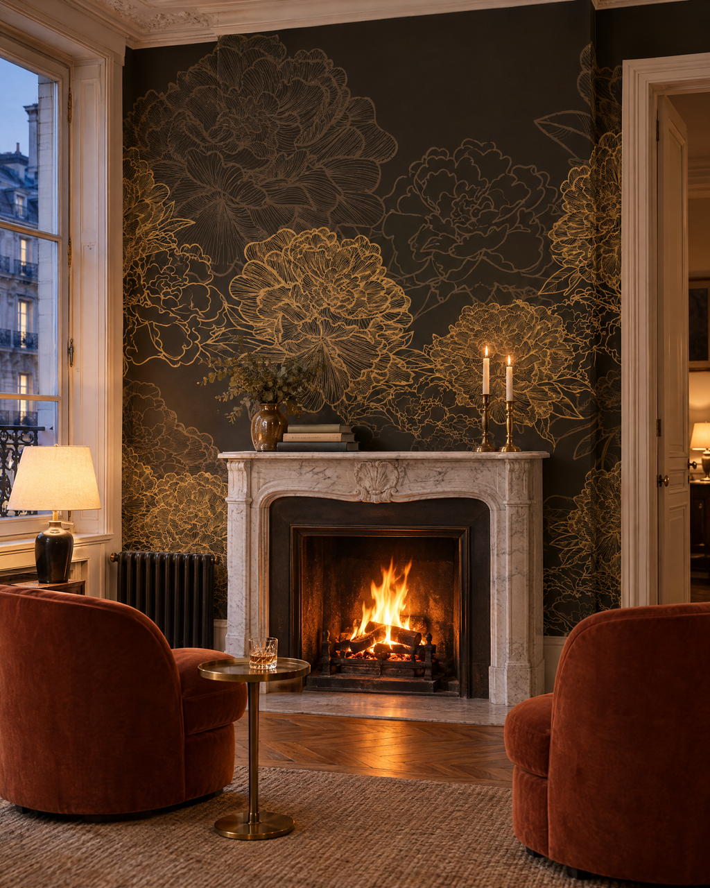 Pivoines dorées, papier peint panoramique dans un salon avec cheminée : visuel d'ambiance illustratif