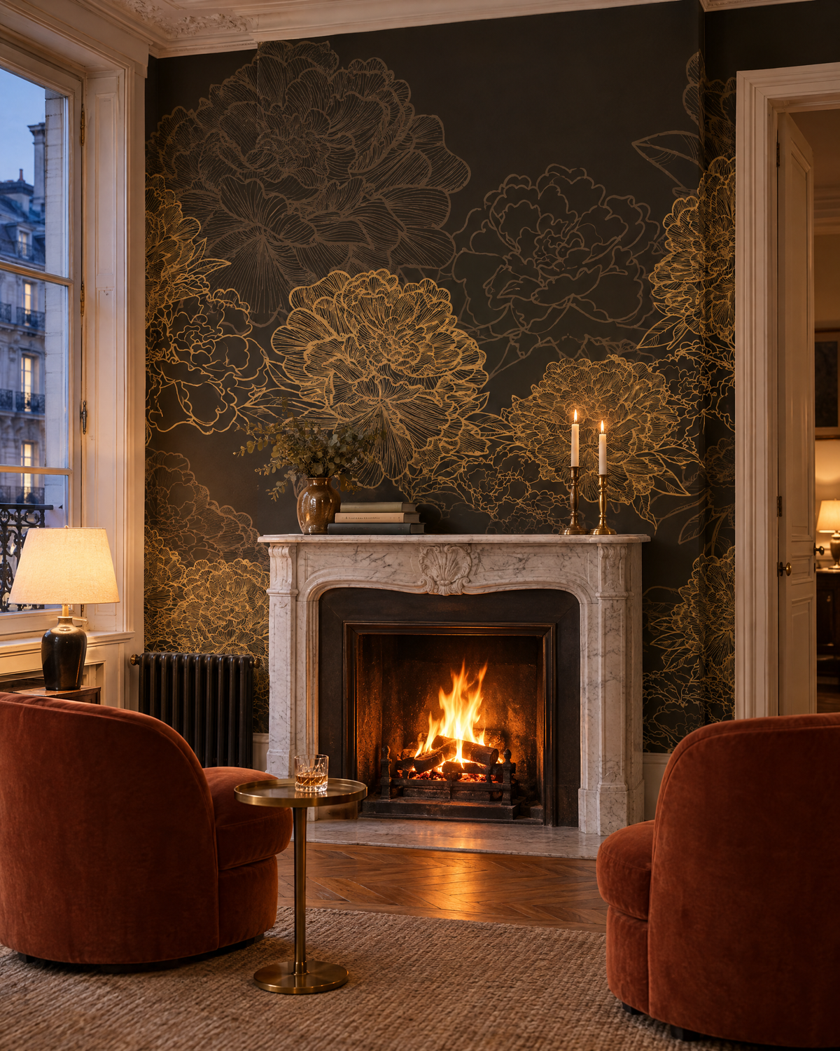 Pivoines dorées, papier peint panoramique dans un salon avec cheminée : visuel d'ambiance illustratif