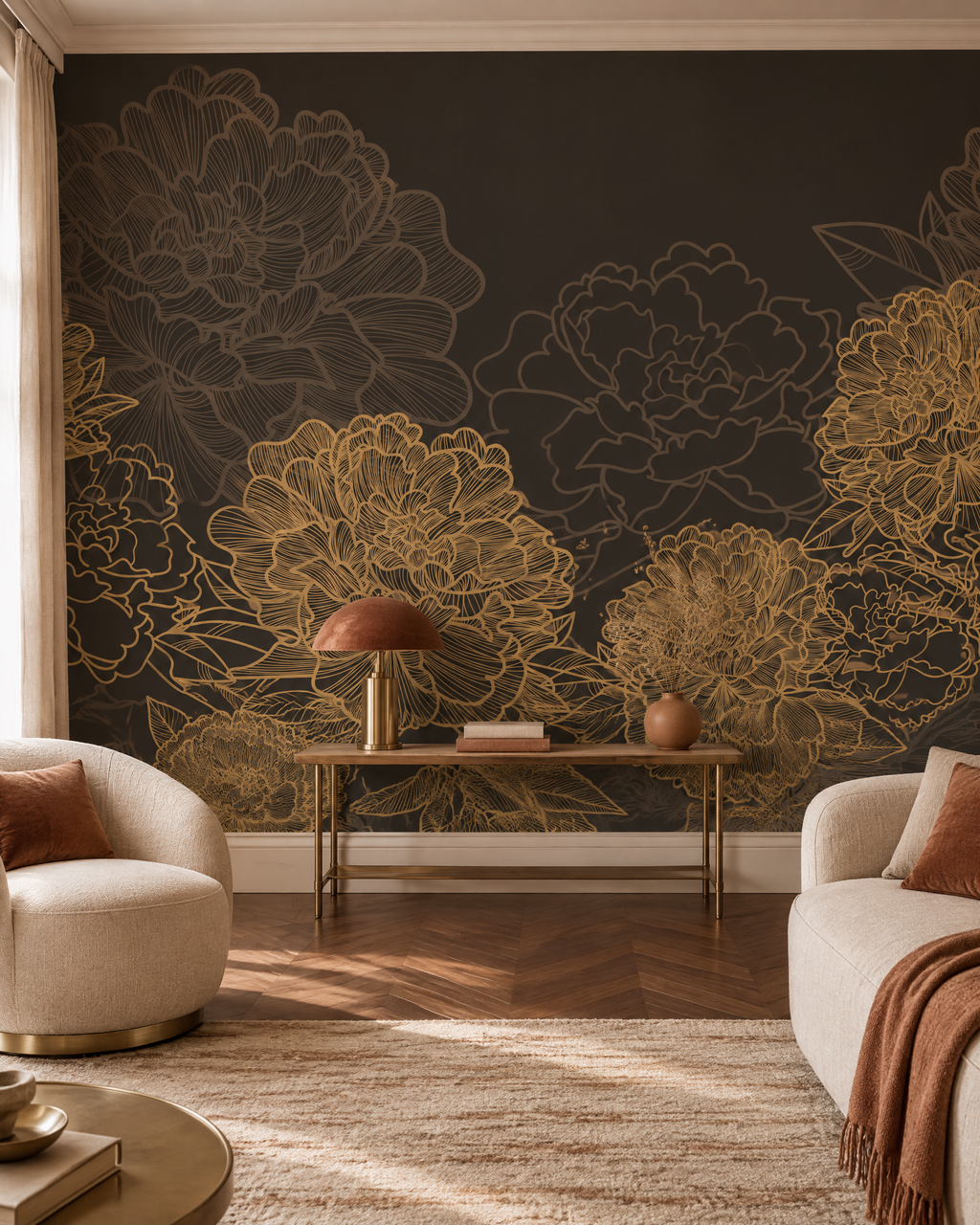 Pivoines dorées, papier peint panoramique dans un salon : visuel d'ambiance illustratif