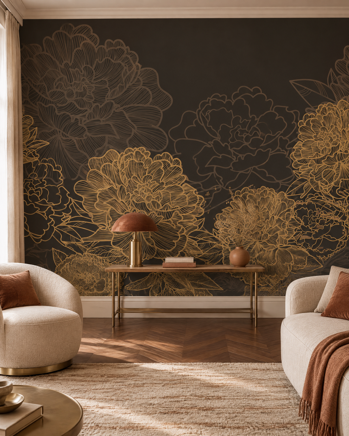 Pivoines dorées, papier peint panoramique dans un salon : visuel d'ambiance illustratif