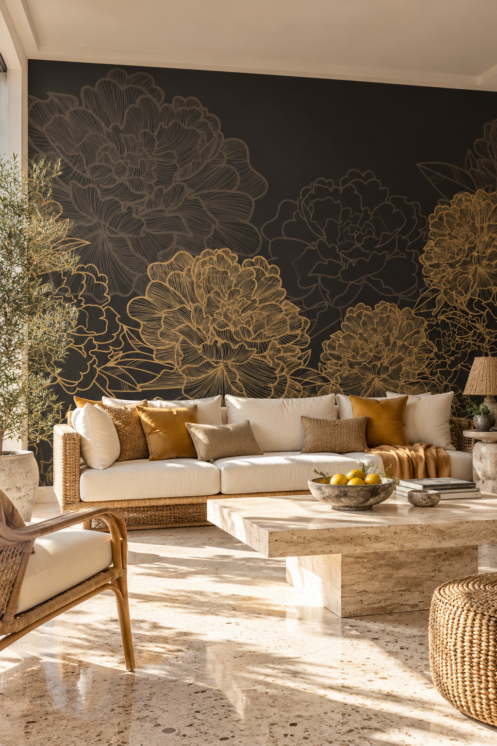 Pivoines dorées, papier peint panoramique dans un salon : visuel d'ambiance illustratif