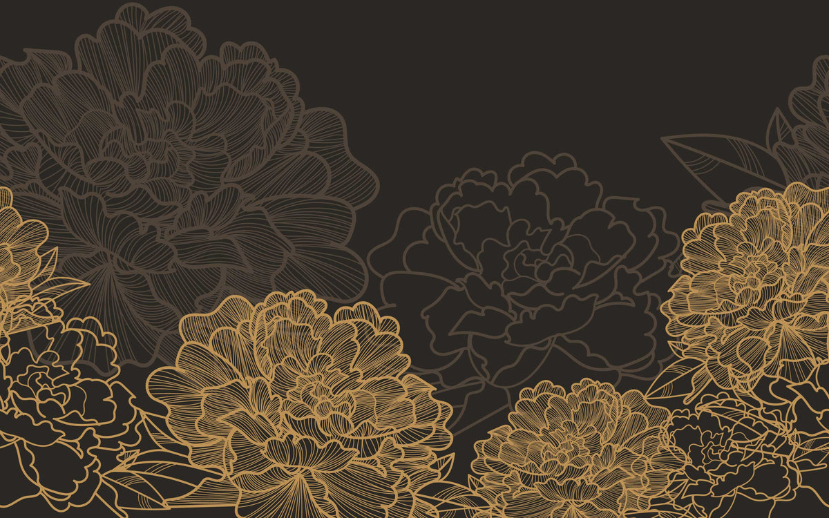 Papier peint panoramique Pivoines dorées : le décor à plat