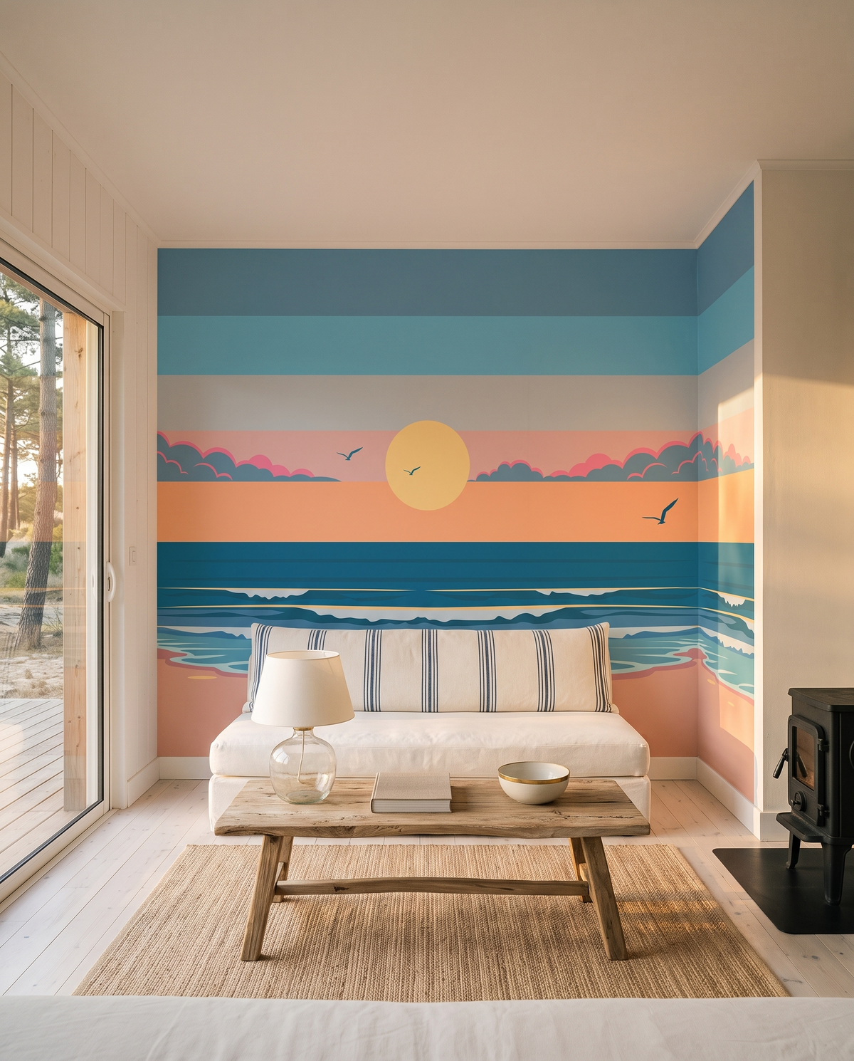 Plage au soleil couchant, papier peint panoramique dans un salon : visuel d'ambiance illustratif