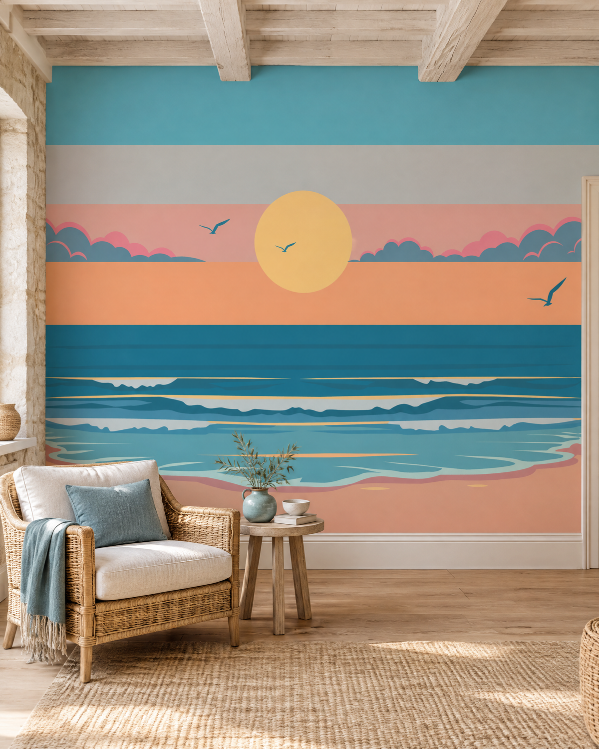 Plage au soleil couchant, papier peint panoramique dans un salon : visuel d'ambiance illustratif