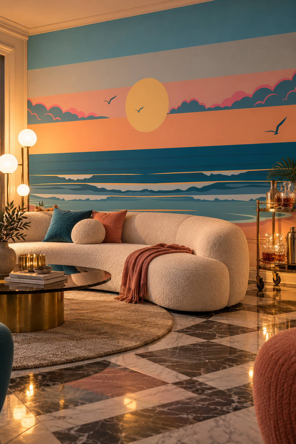 Plage au soleil couchant, papier peint panoramique dans un salon : visuel d'ambiance illustratif