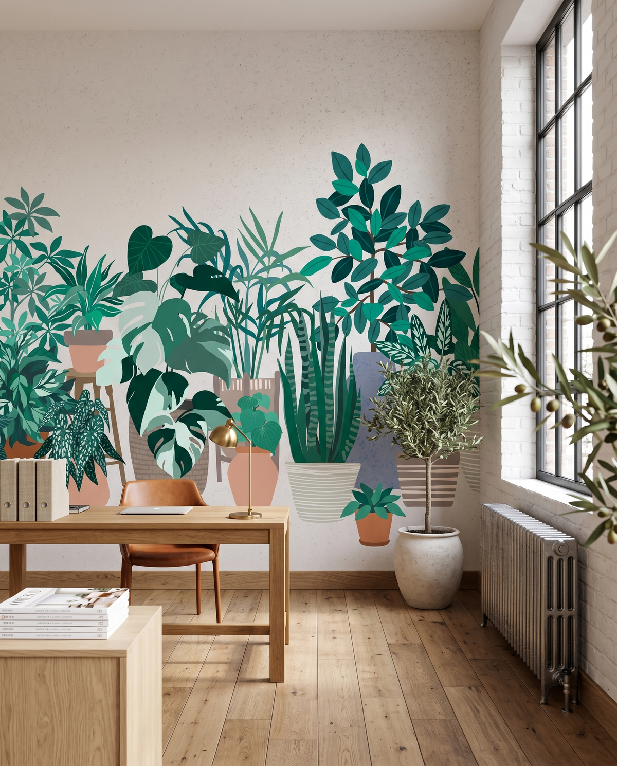 Plantes d'intérieur, papier peint panoramique dans un bureau : visuel d'ambiance illustratif