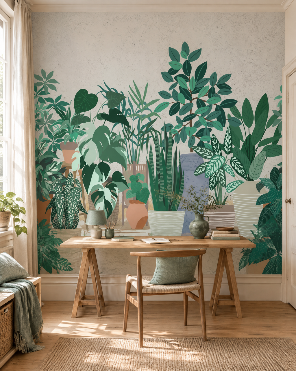 Plantes d'intérieur, papier peint panoramique dans un bureau : visuel d'ambiance illustratif