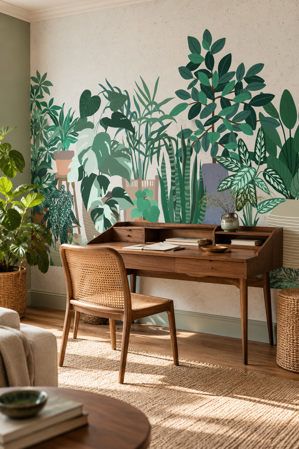 Plantes d'intérieur, papier peint panoramique dans un bureau : visuel d'ambiance illustratif