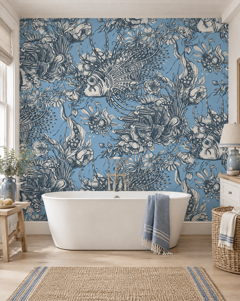 Poissons fleuris, papier peint panoramique dans une salle de bain : visuel d'ambiance illustratif