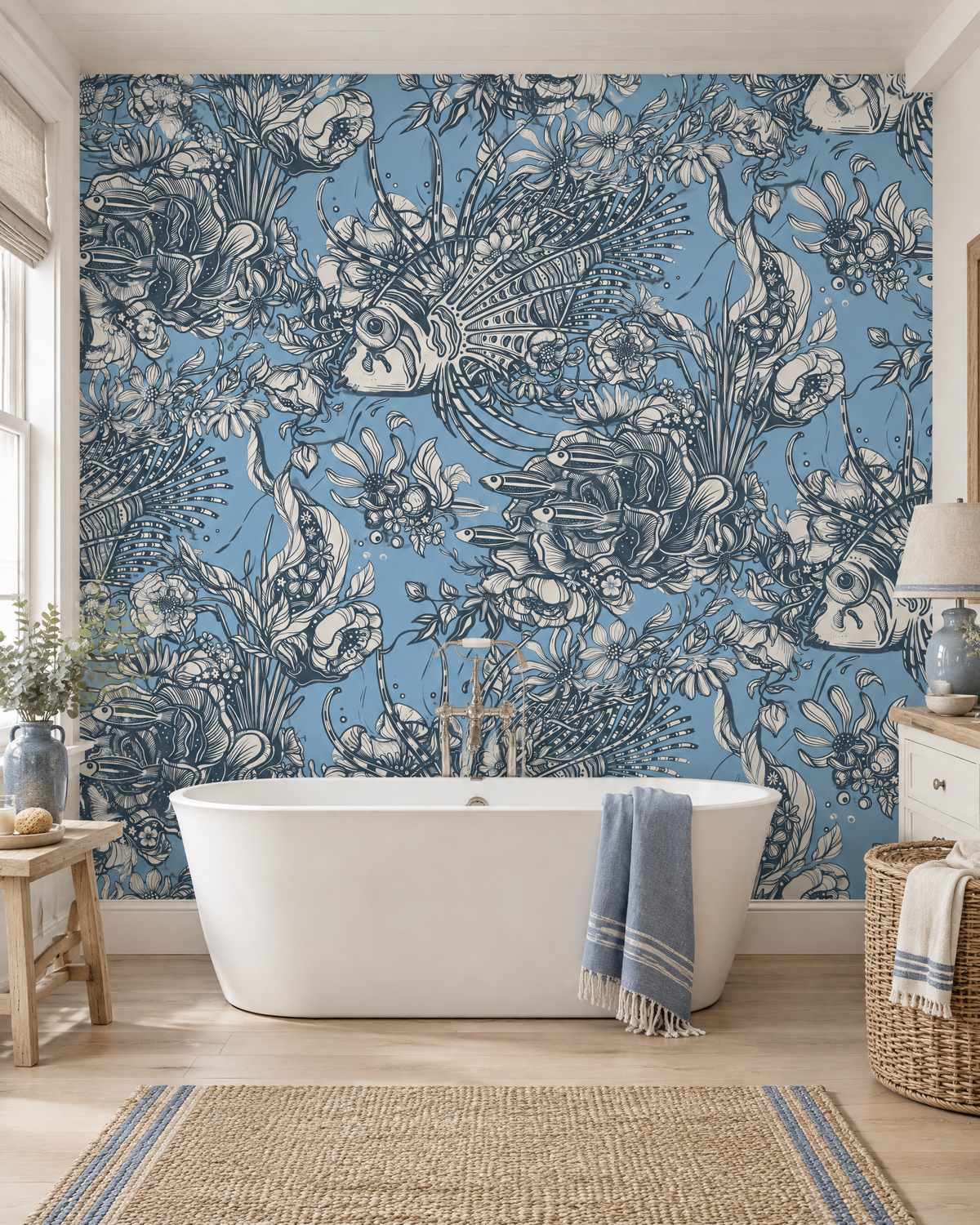 Poissons fleuris, papier peint panoramique dans une salle de bain : visuel d'ambiance illustratif
