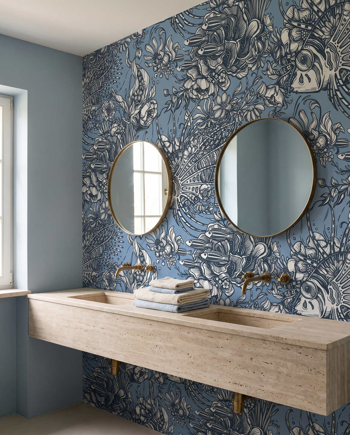 Poissons fleuris, papier peint panoramique dans une salle de bain : visuel d'ambiance illustratif