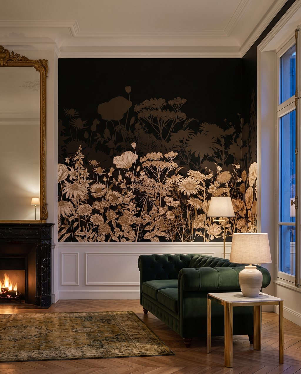 Prairie de minuit, papier peint panoramique dans un salon : visuel d'ambiance illustratif