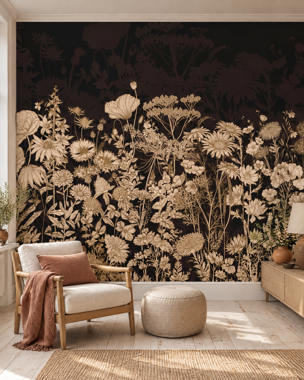 Prairie de minuit, papier peint panoramique dans un salon : visuel d'ambiance illustratif
