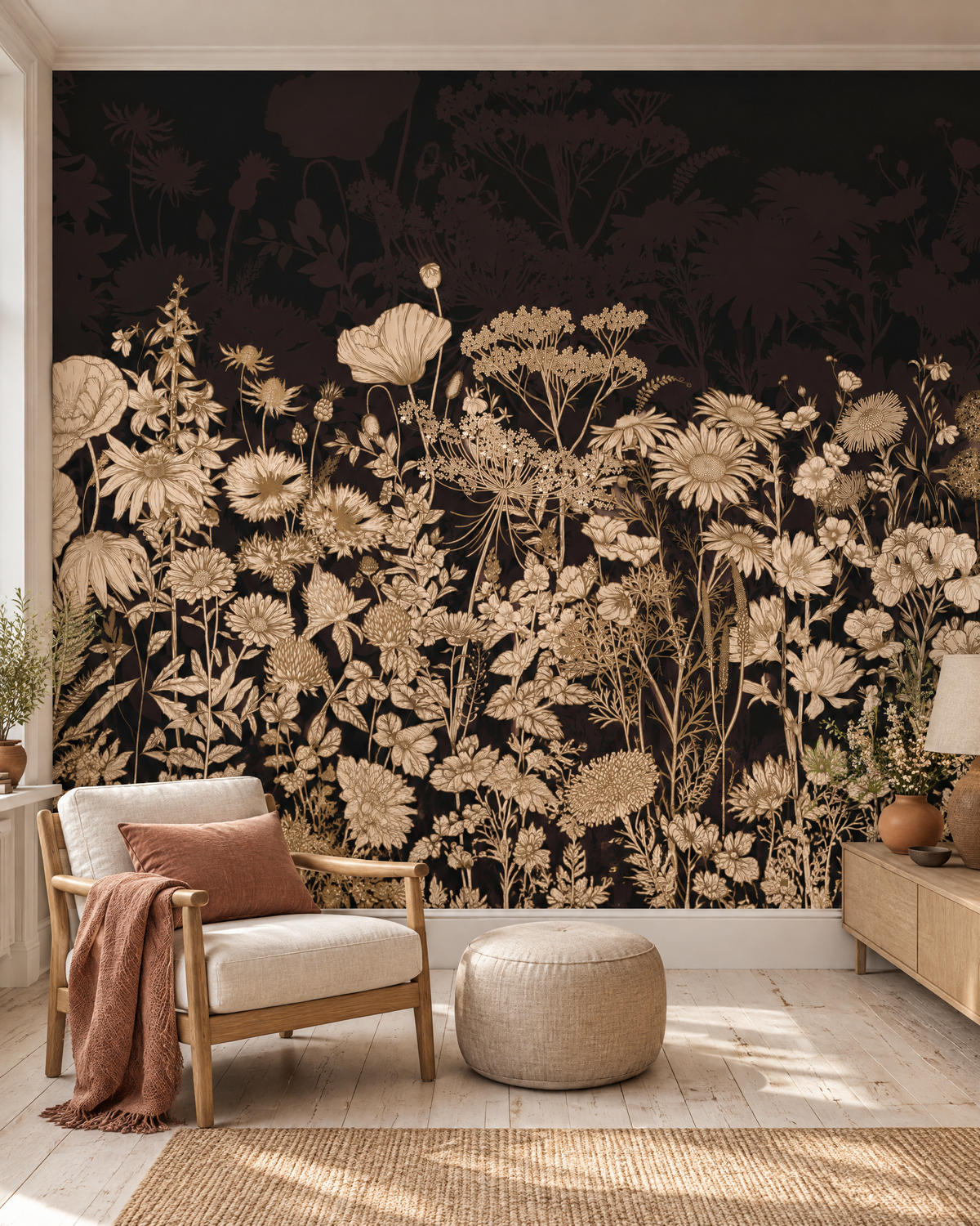 Prairie de minuit, papier peint panoramique dans un salon : visuel d'ambiance illustratif