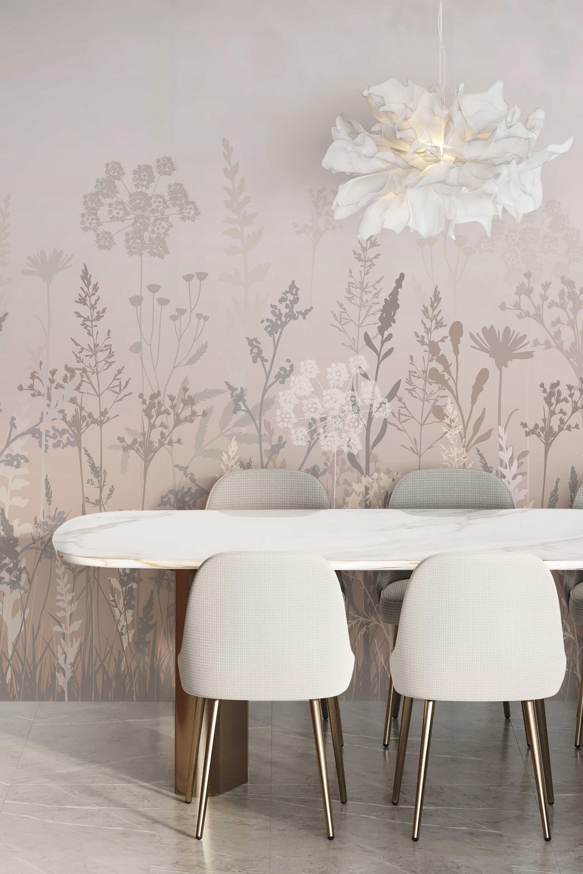 Papier peint panoramique herbes folles et fleurs des champs, tons beige rosé