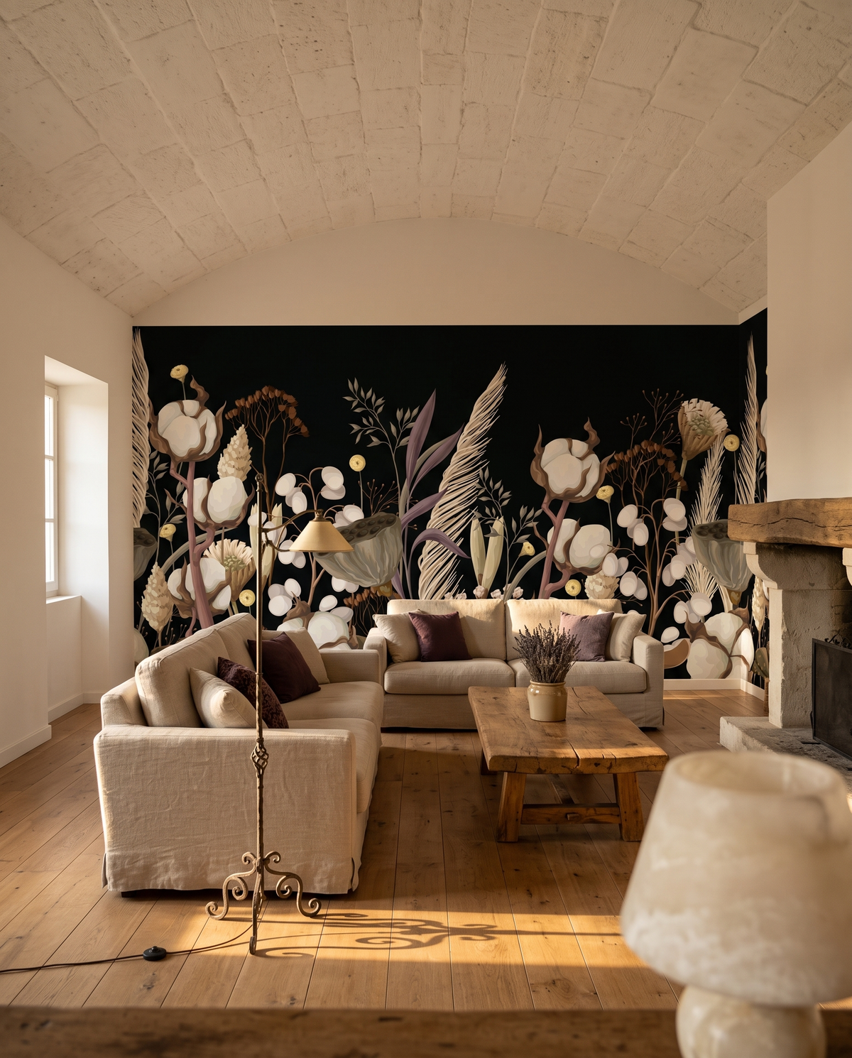 Prairie séchée, papier peint panoramique dans un salon : visuel d'ambiance illustratif