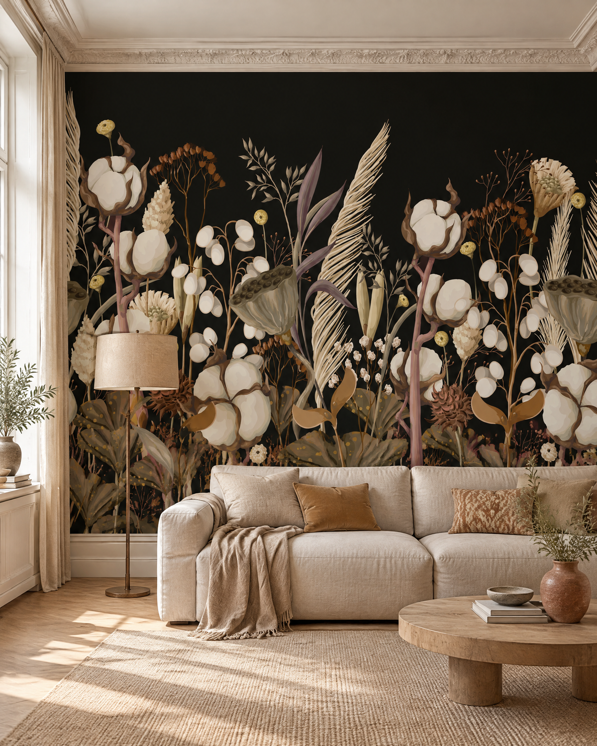 Prairie séchée, papier peint panoramique dans un salon : visuel d'ambiance illustratif