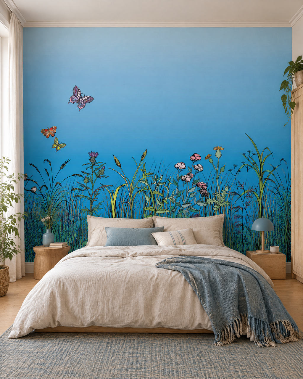 Pré bleuté, papier peint panoramique dans une chambre : visuel d'ambiance illustratif