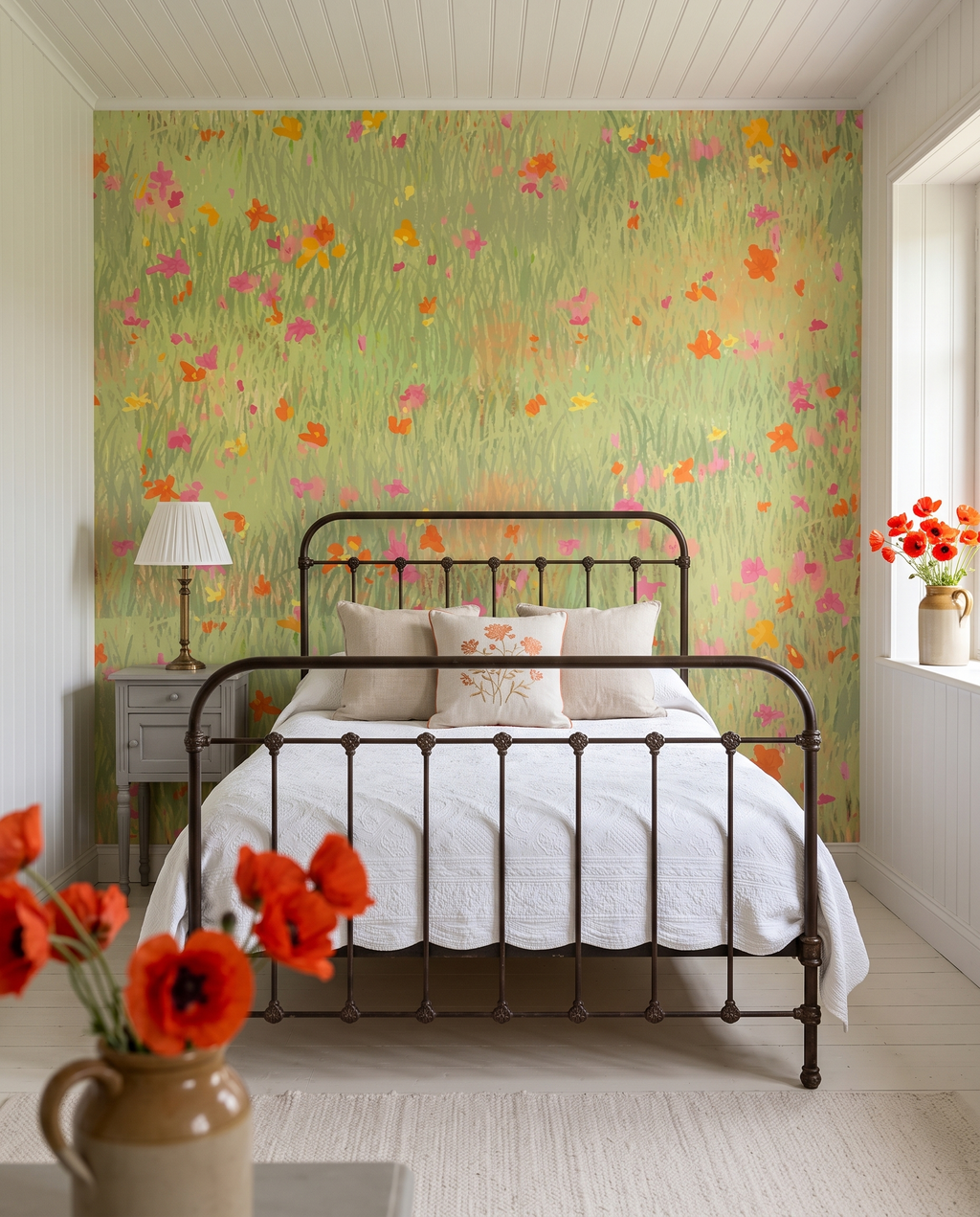 Pré de coquelicots, papier peint panoramique dans une chambre : visuel d'ambiance illustratif
