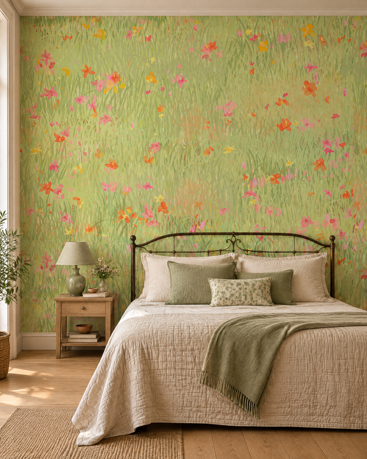 Pré de coquelicots, papier peint panoramique dans une chambre : visuel d'ambiance illustratif