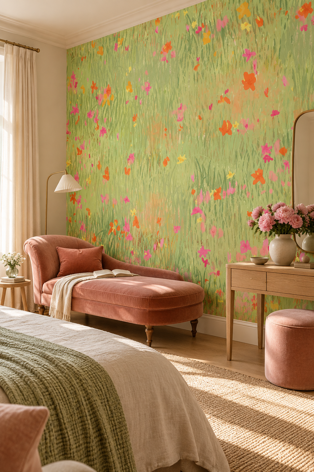 Pré de coquelicots, papier peint panoramique dans une chambre : visuel d'ambiance illustratif