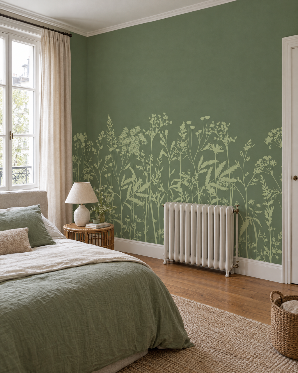 Pré sauge, papier peint panoramique dans une chambre : visuel d'ambiance illustratif