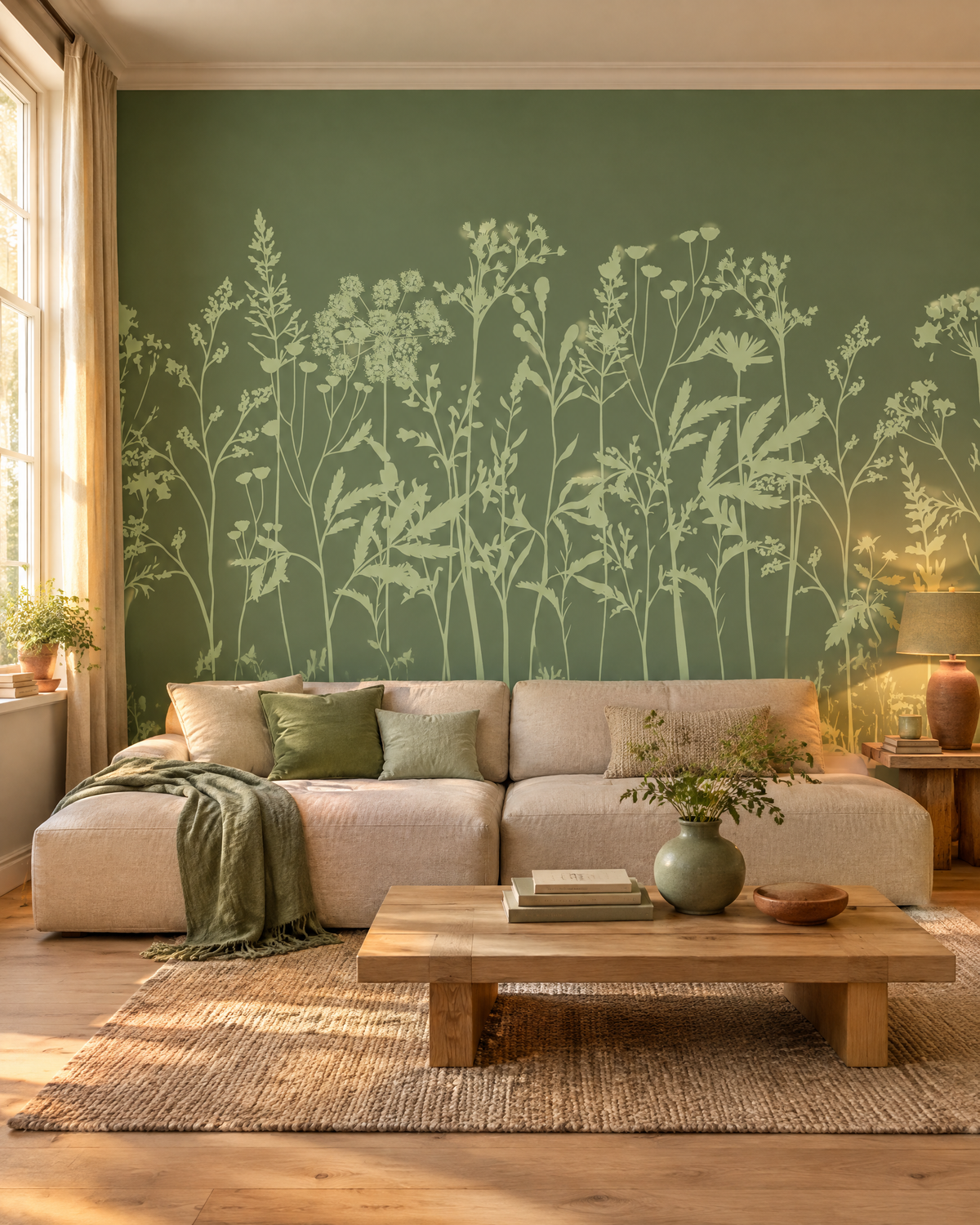 Pré sauge, papier peint panoramique dans un salon : visuel d'ambiance illustratif