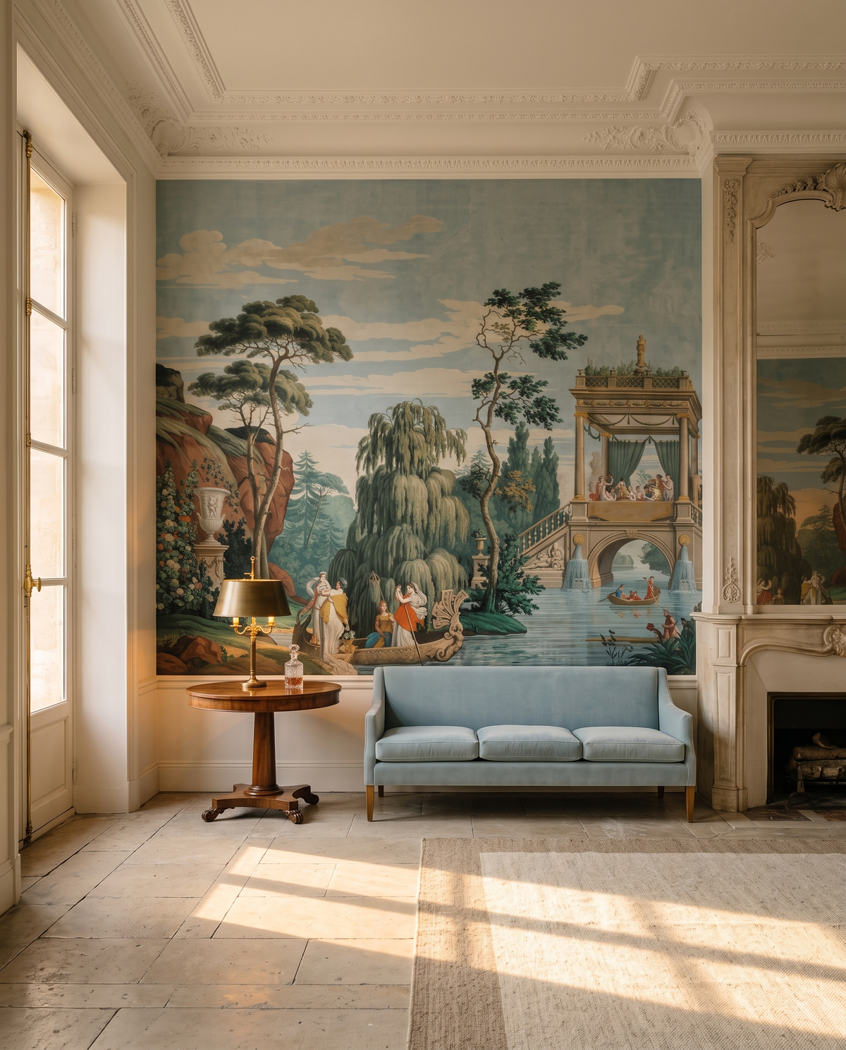 Promenade en barque, papier peint panoramique dans un salon : visuel d'ambiance illustratif