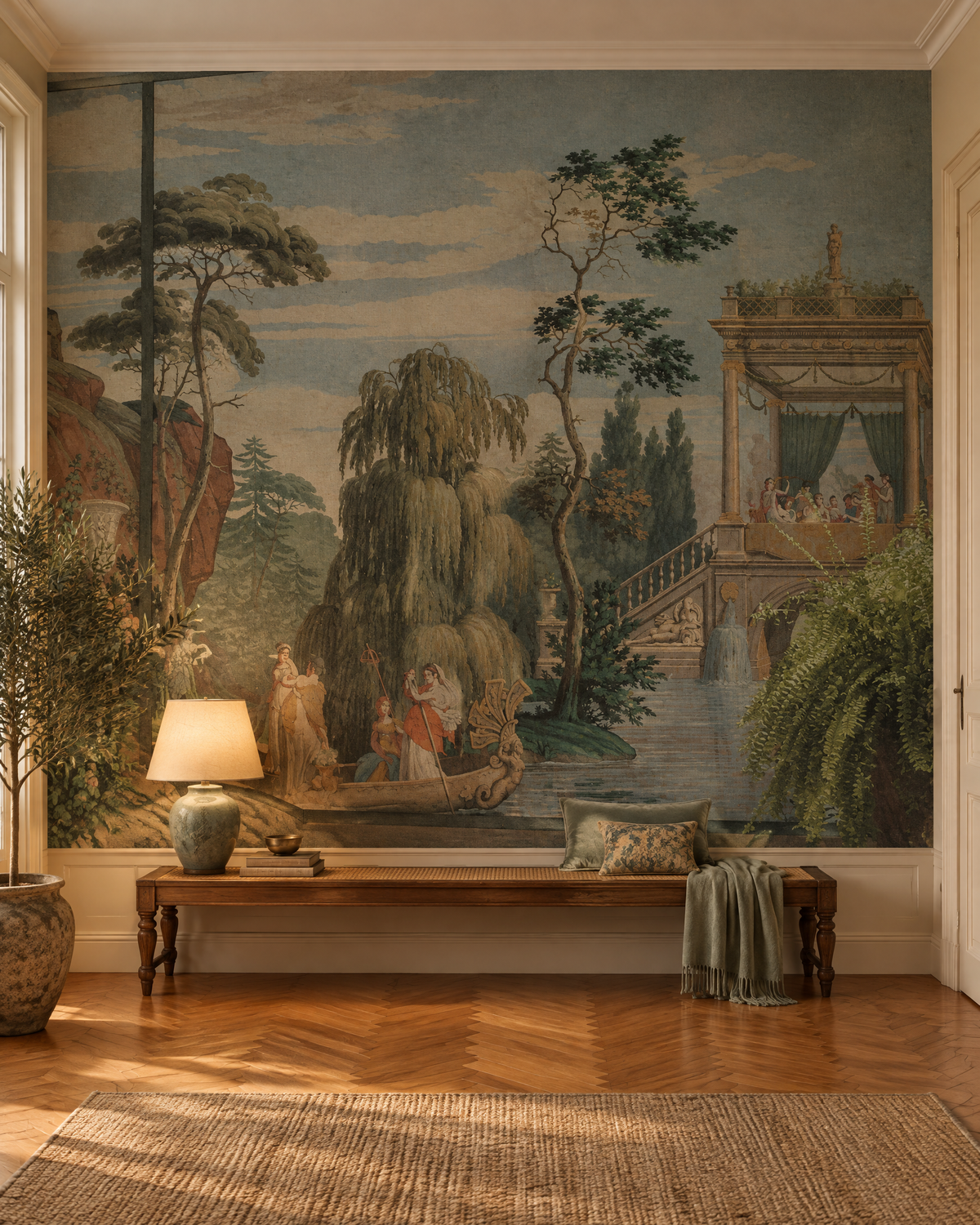 Promenade en barque, papier peint panoramique dans un salon : visuel d'ambiance illustratif
