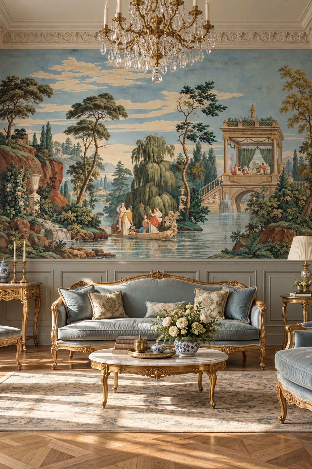 Promenade en barque, papier peint panoramique dans un salon : visuel d'ambiance illustratif
