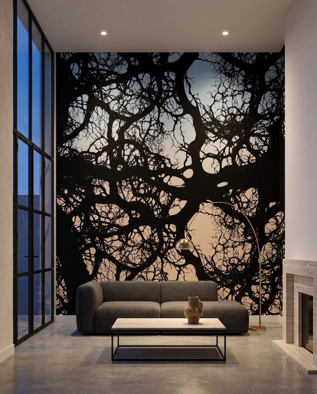 Ramure sombre, papier peint panoramique dans un salon : visuel d'ambiance illustratif