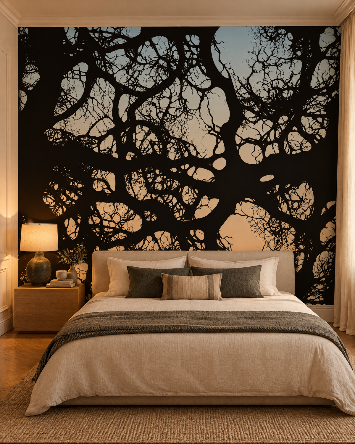 Ramure sombre, papier peint panoramique dans une chambre : visuel d'ambiance illustratif