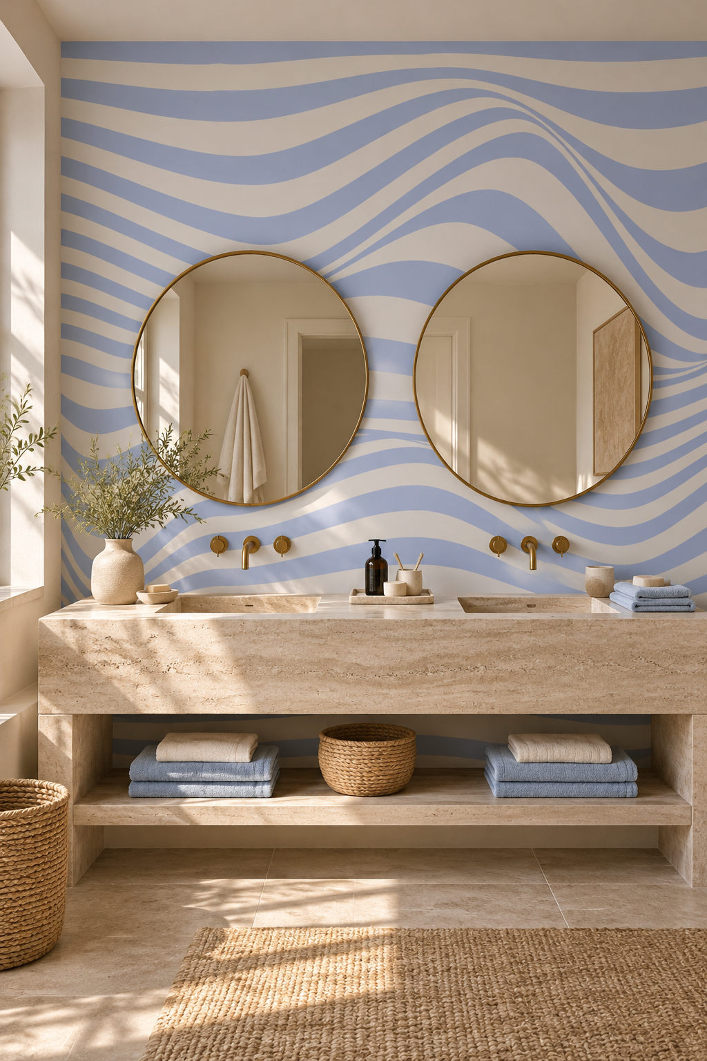 Rayures ondulées bleues, papier peint panoramique dans une salle de bain : visuel d'ambiance illustratif