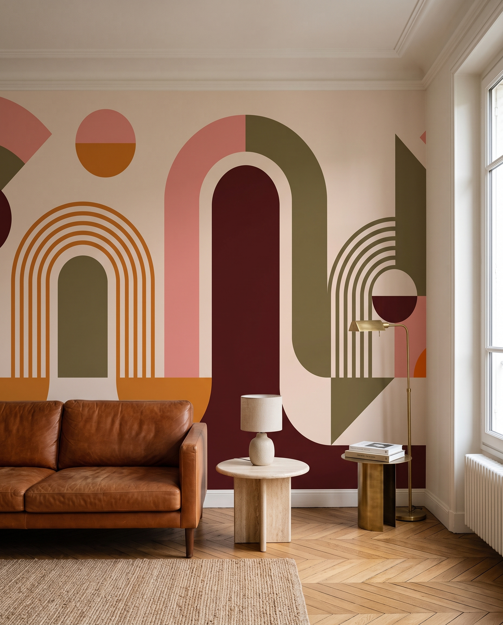 Arcs et cercles solaires, papier peint panoramique dans un salon : visuel d'ambiance illustratif